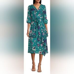 MAISON TARA Floral-Print Pleated Midi Dress NWT size 4 Teal/Blue